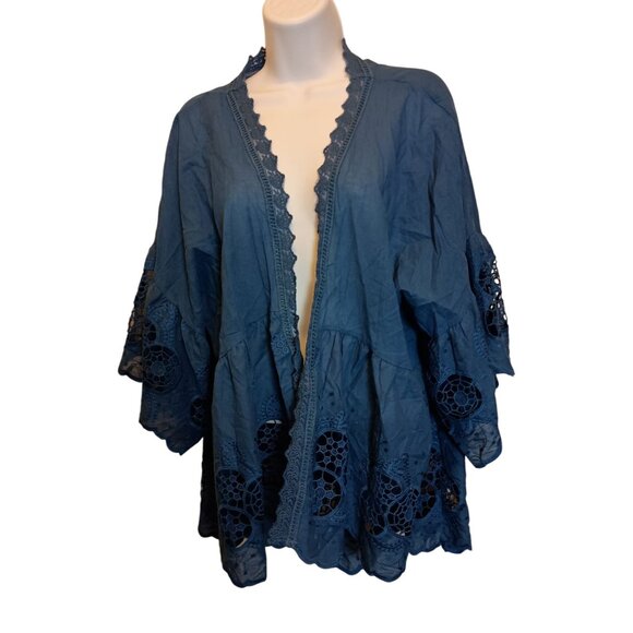 Penelope Rose Blue Cardigan Crochet Lacy Open Front Flowy Boho Beach Coverup Wom - Picture 2 of 7